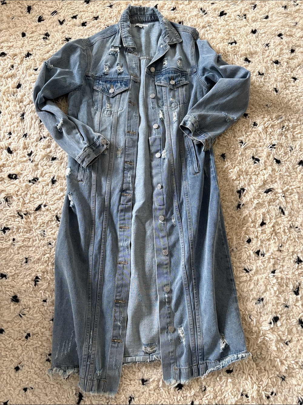 Dressed in LALA Long Distressed Denim Jean Jacket Coat - Light Blue